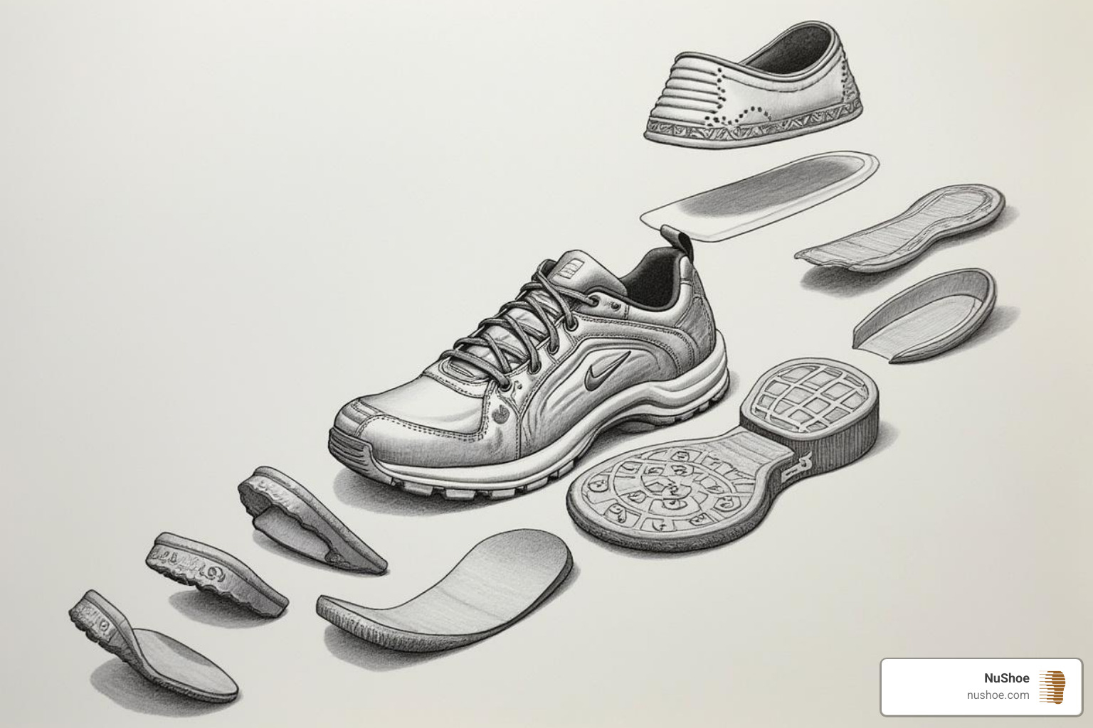 A deconstructed shoe with labels for each component (upper, insole, midsole, outsole, heel) - shoe renewal process