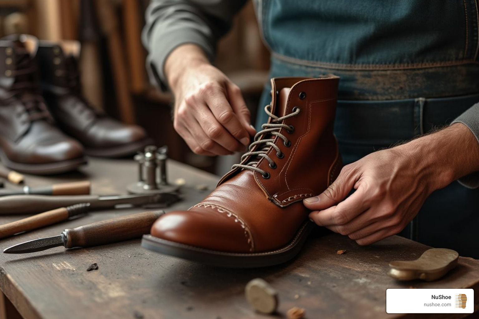 cobbler's hands resoling a boot - customize old shoes