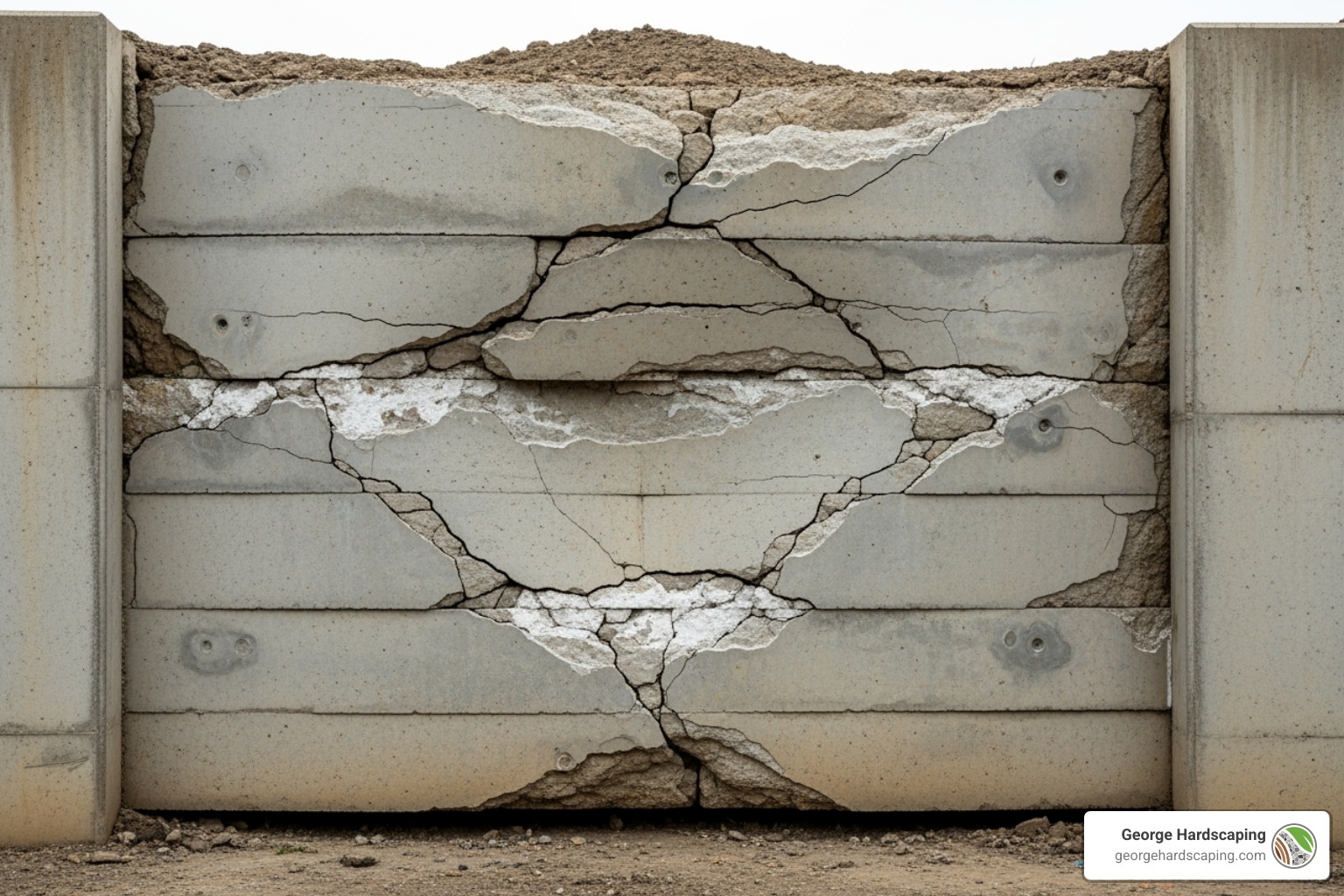 Visibly failing concrete retaining wall with significant bowing and horizontal cracks. - helical anchors retaining wall repair