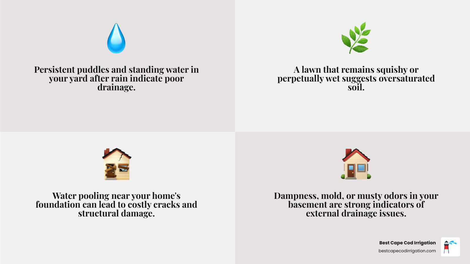 Infographic showing the top 5 common signs of yard drainage problems: pooling water, soggy lawns, foundation cracks, basement moisture, and eroded soil - yard drainage repair near me infographic 4_facts_emoji_grey