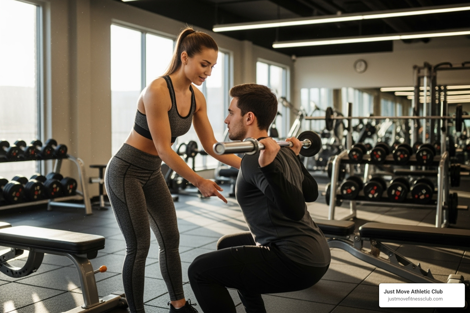 Personal trainer guiding a member on proper exercise form - anytime fitness lakeland