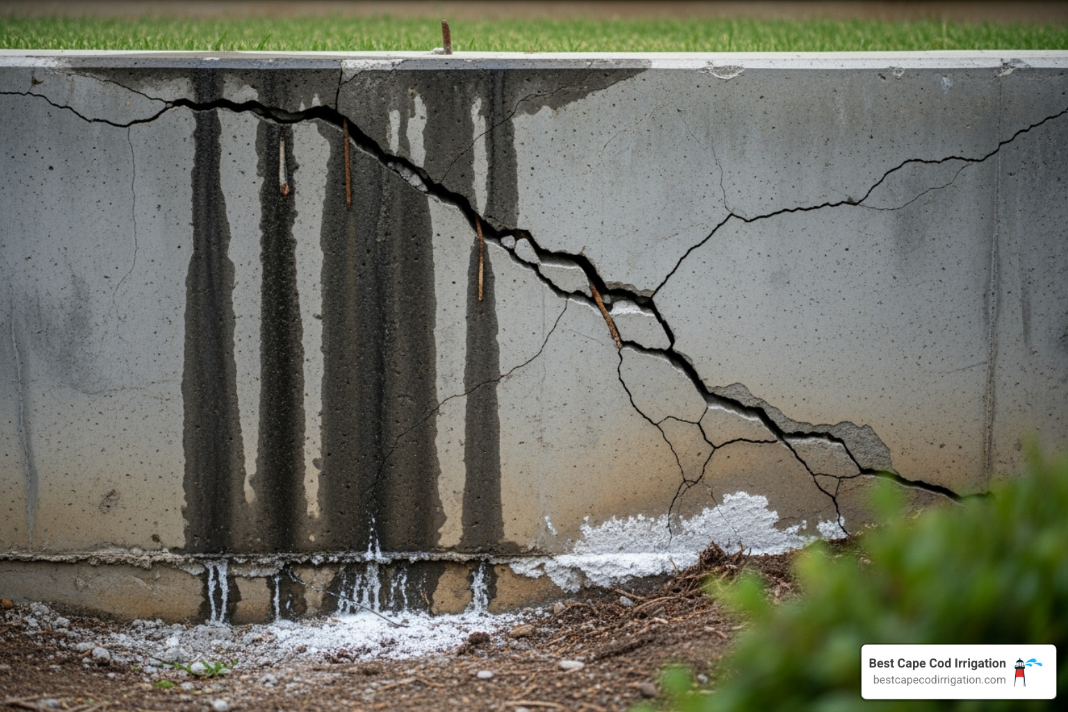 Image of a cracked home foundation with visible water stains - yard drainage repair near me