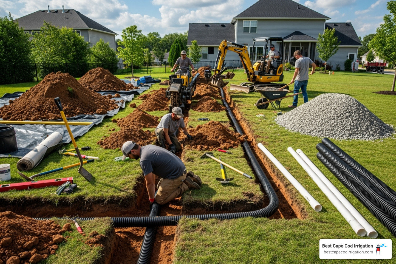 Image of a professional crew installing a drainage system in a yard - yard drainage repair near me