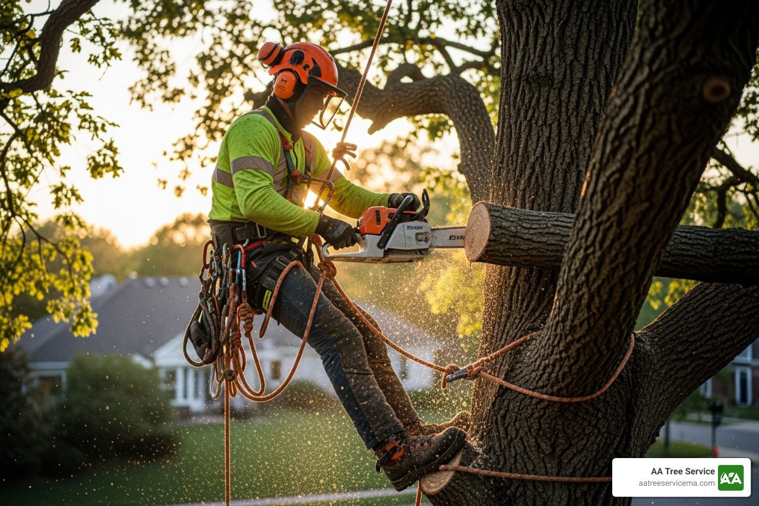 A professional arborist in full safety gear using a chainsaw high up in a tree, illustrating the risks and expertise required - Hazardous tree removal experts