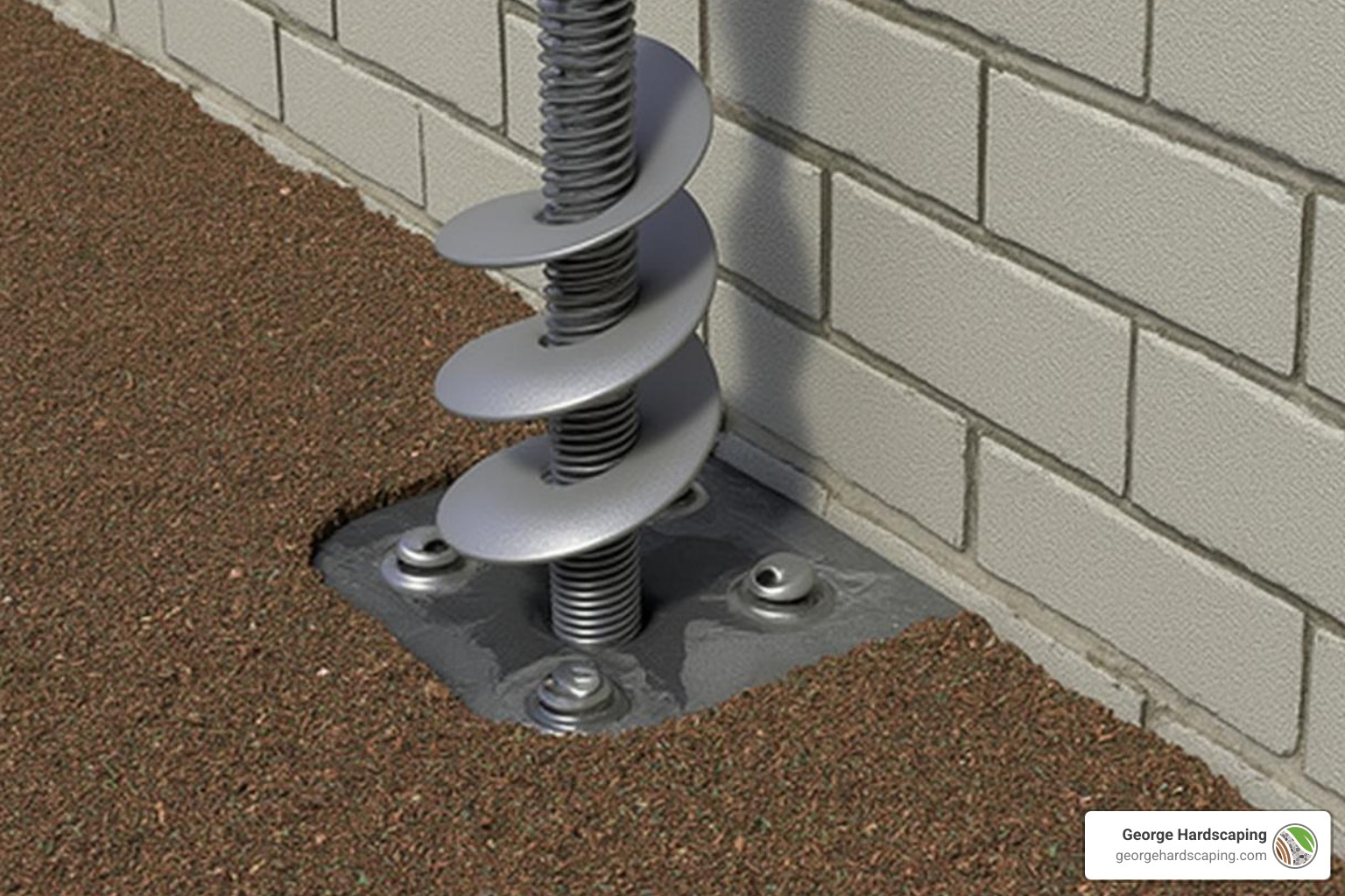 Helical anchor being hydraulically screwed into the ground next to a retaining wall. - helical anchors retaining wall repair