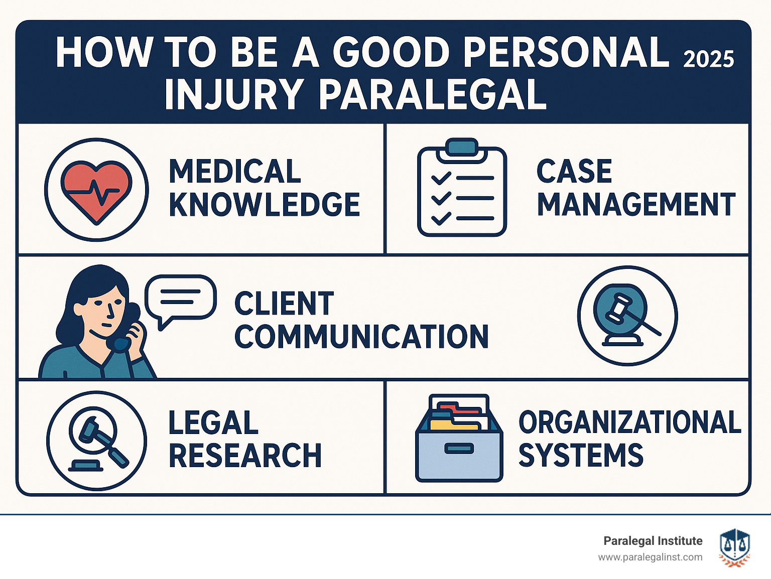 Infographic showing the essential skills and daily responsibilities of a successful personal injury paralegal, including medical knowledge, case management, client communication, legal research, and organizational systems - how to be a good personal injury paralegal infographic 