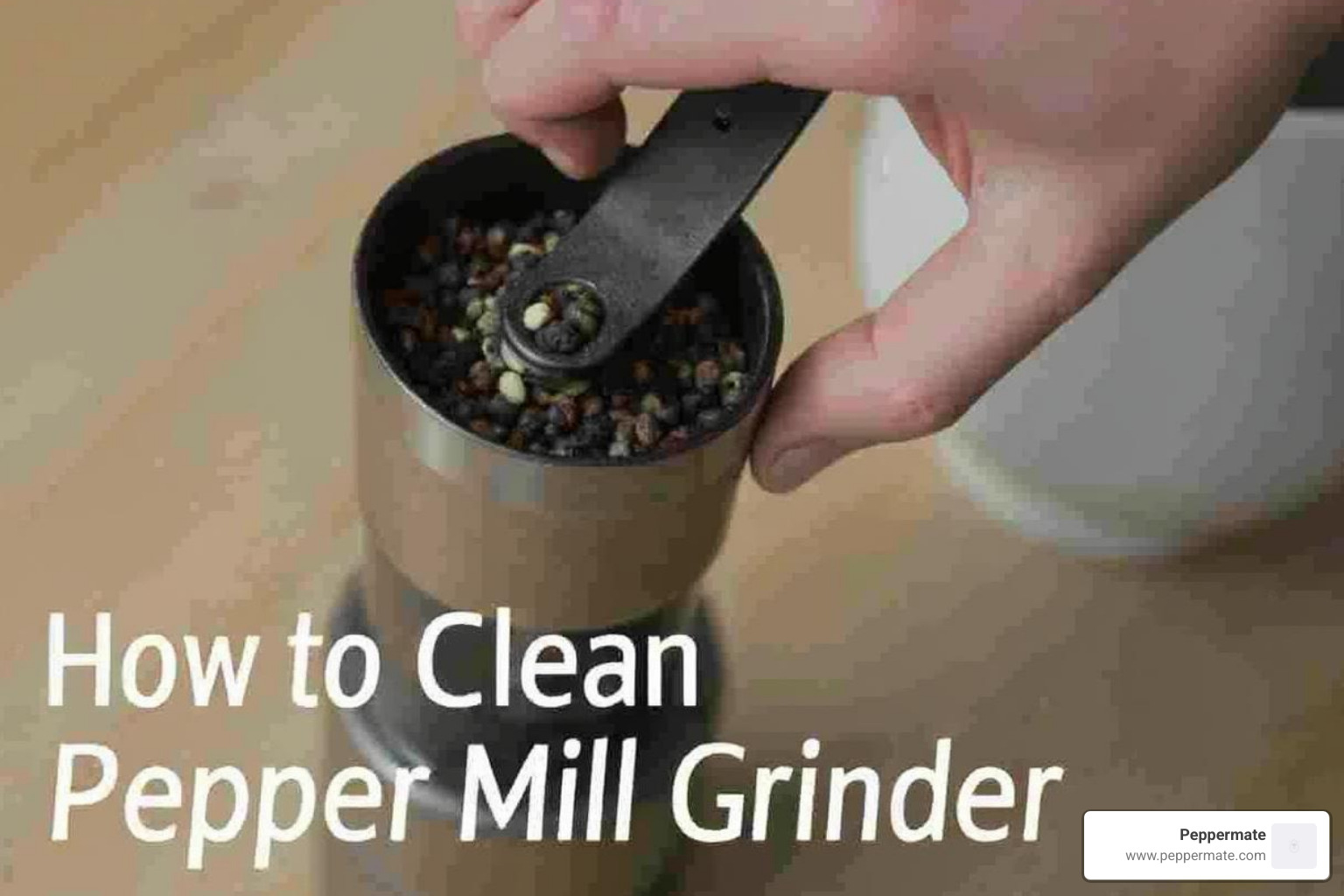 A collection of cleaning tools neatly arranged on a counter: a soft-bristled brush, several microfiber cloths, a small ceramic bowl, a bag of uncooked white rice, a bottle of mild dish soap, and a Phillips-head screwdriver - how to clean pepper mill grinder