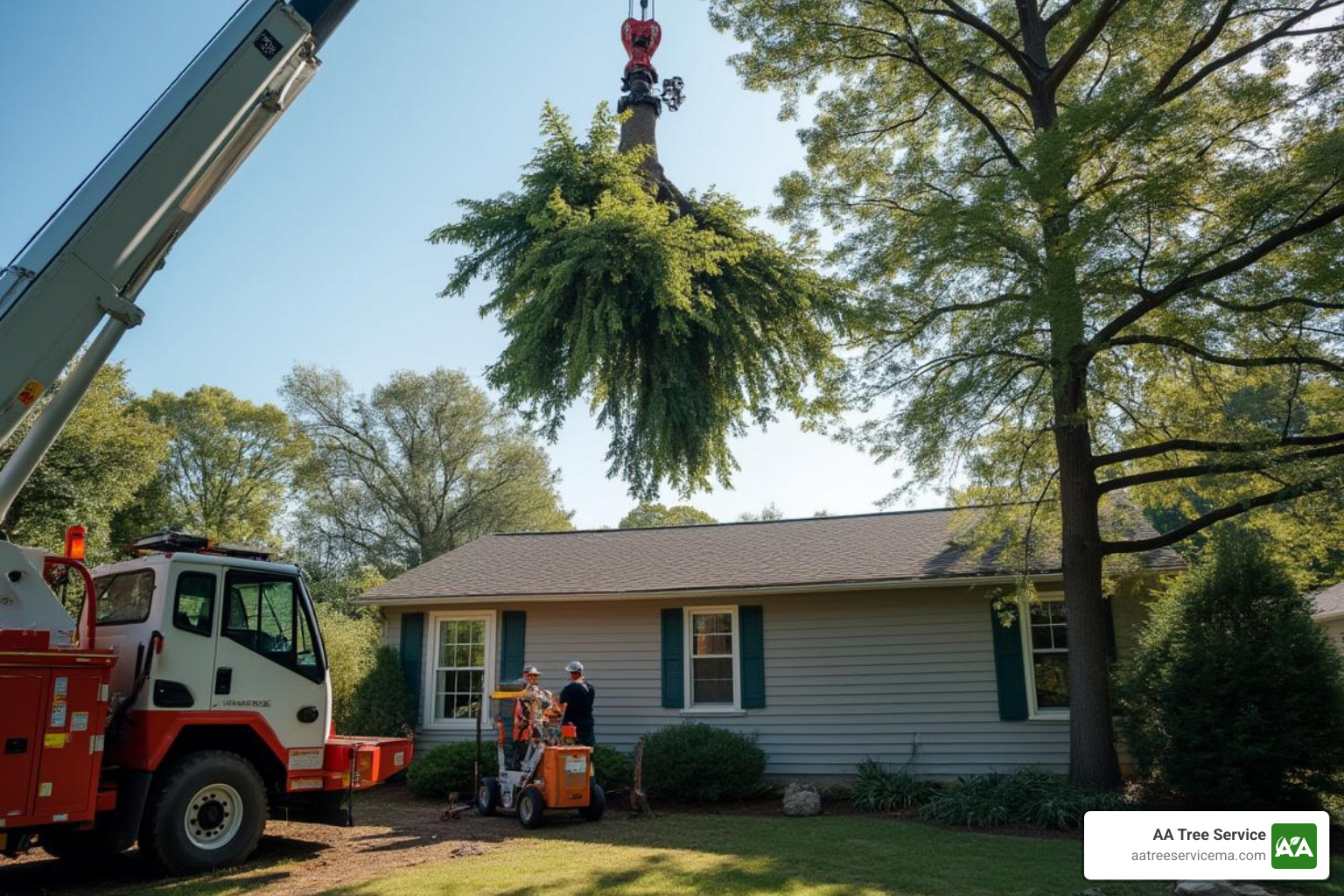 A tree removal team using a crane to lift a large section of a tree over a house, demonstrating advanced removal techniques - Hazardous tree removal experts
