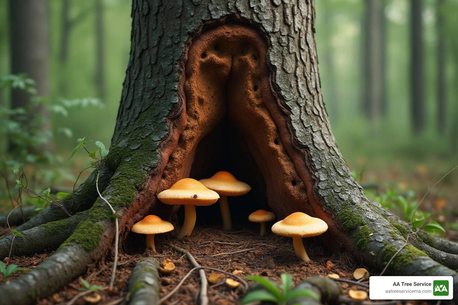 A tree with a large cavity and fungal growth at its base, indicating severe decay - Hazardous tree removal experts