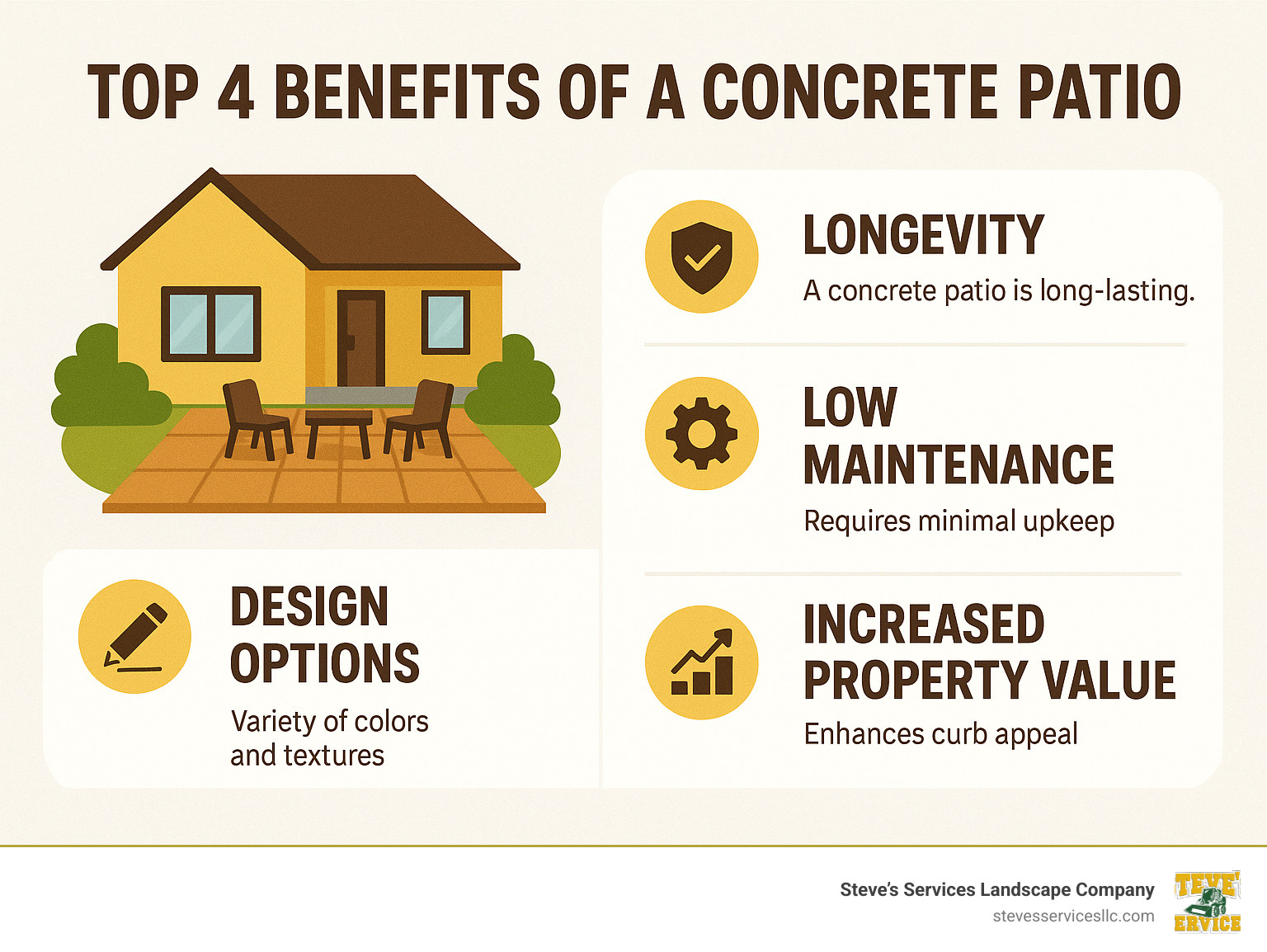 top 4 benefits of a concrete patio: Longevity, Low Maintenance, Design Options, and Increased Property Value - how to install concrete slab patio infographic top 4 benefits of a concrete patio: Longevity, Low Maintenance, Design Options, and Increased Property Value - how to install concrete slab patio infographic