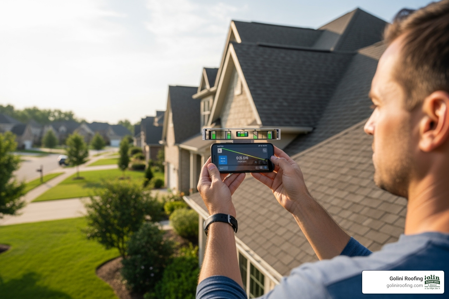 Person using a smartphone app to measure roof pitch from the ground - how to figure roof pitch Person using a smartphone app to measure roof pitch from the ground - how to figure roof pitch