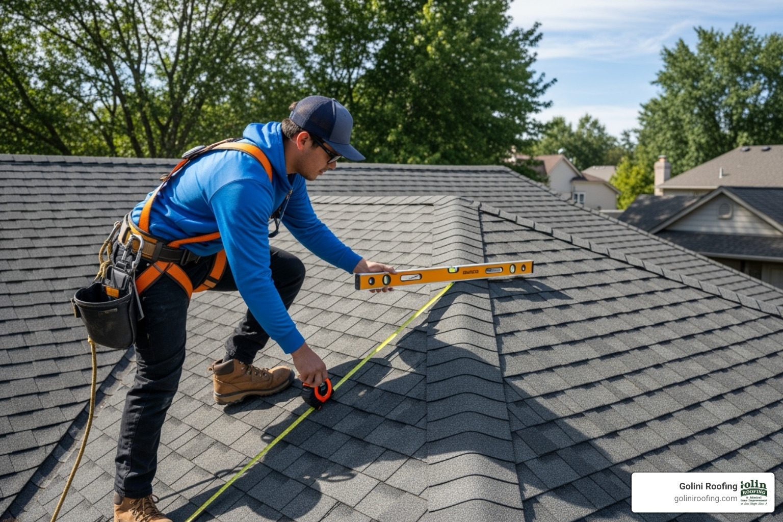 Person on a roof with proper safety gear, demonstrating the measurement technique - how to figure roof pitch Person on a roof with proper safety gear, demonstrating the measurement technique - how to figure roof pitch