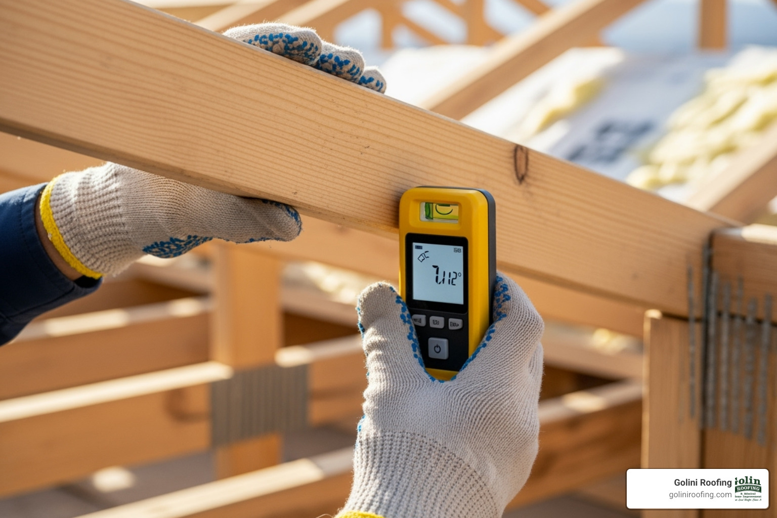 Person safely measuring a rafter in a well-lit attic - how to figure roof pitch Person safely measuring a rafter in a well-lit attic - how to figure roof pitch