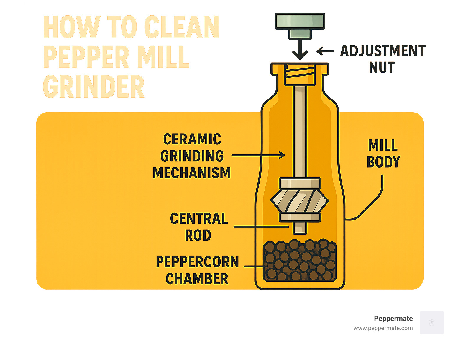 Detailed cross-section infographic showing Peppermate pepper mill anatomy with labeled components: adjustment nut at top, mill body, ceramic grinding mechanism, central rod, and peppercorn chamber, with arrows indicating disassembly order - how to clean pepper mill grinder infographic 