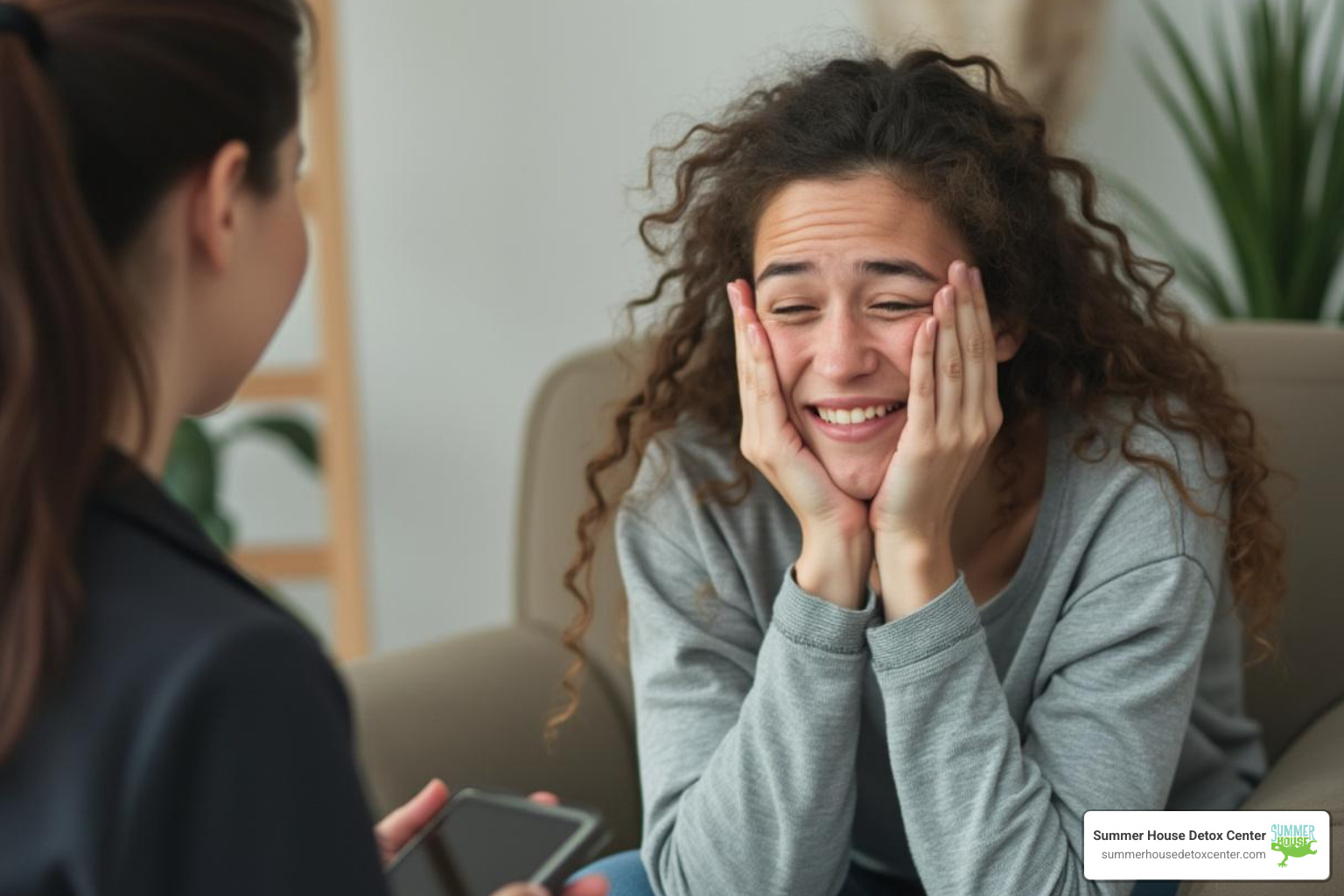 A person looking hopeful and relieved during a therapy session - drug counseling near me