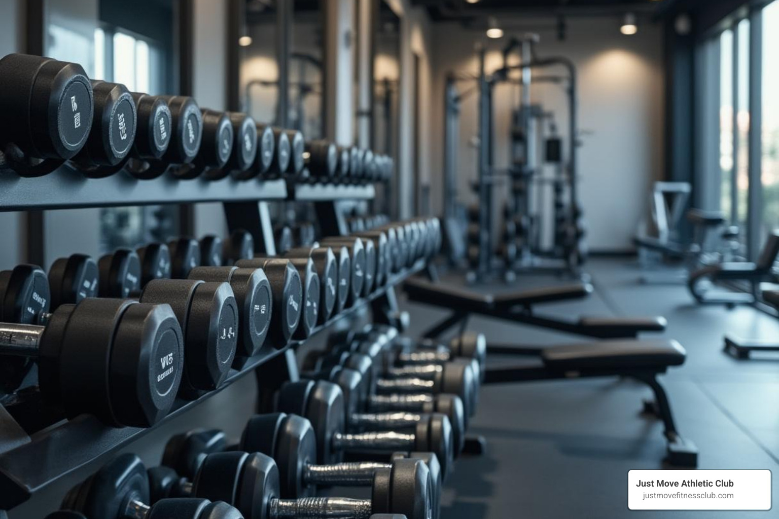 Gym's free weight section with various dumbbells and benches - anytime fitness lakeland