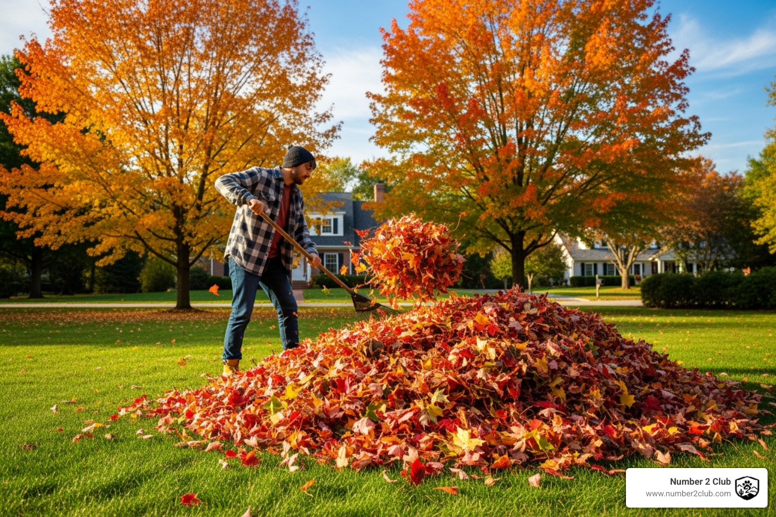colorful autumn leaves being raked - seasonal yard clean up