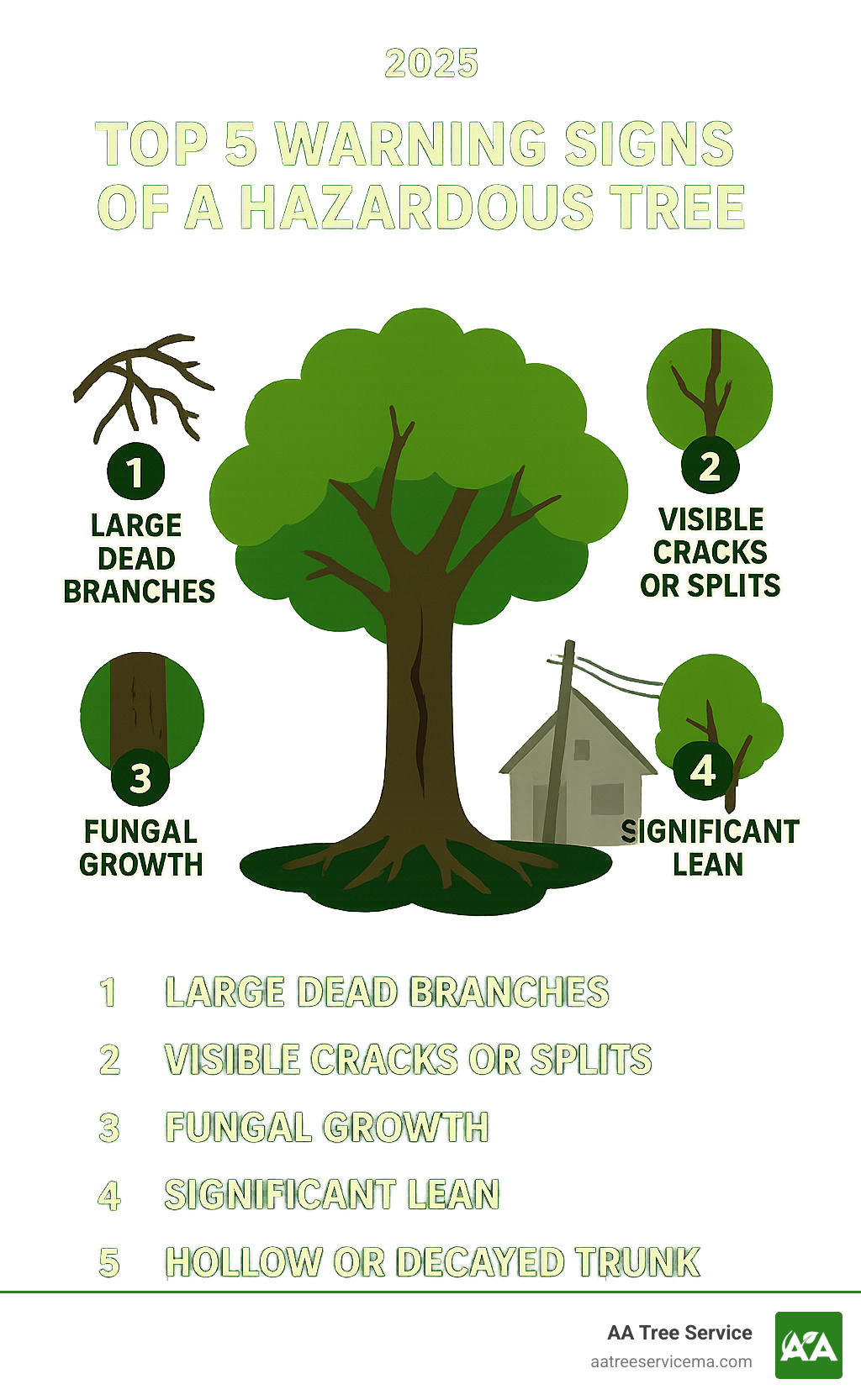 Infographic showing the top 5 warning signs of a hazardous tree: large dead branches hanging in the canopy, visible cracks or splits in the trunk, fungal growth or mushrooms at the tree base, significant lean toward structures or power lines, and hollow or decayed trunk sections - Hazardous tree removal experts infographic 