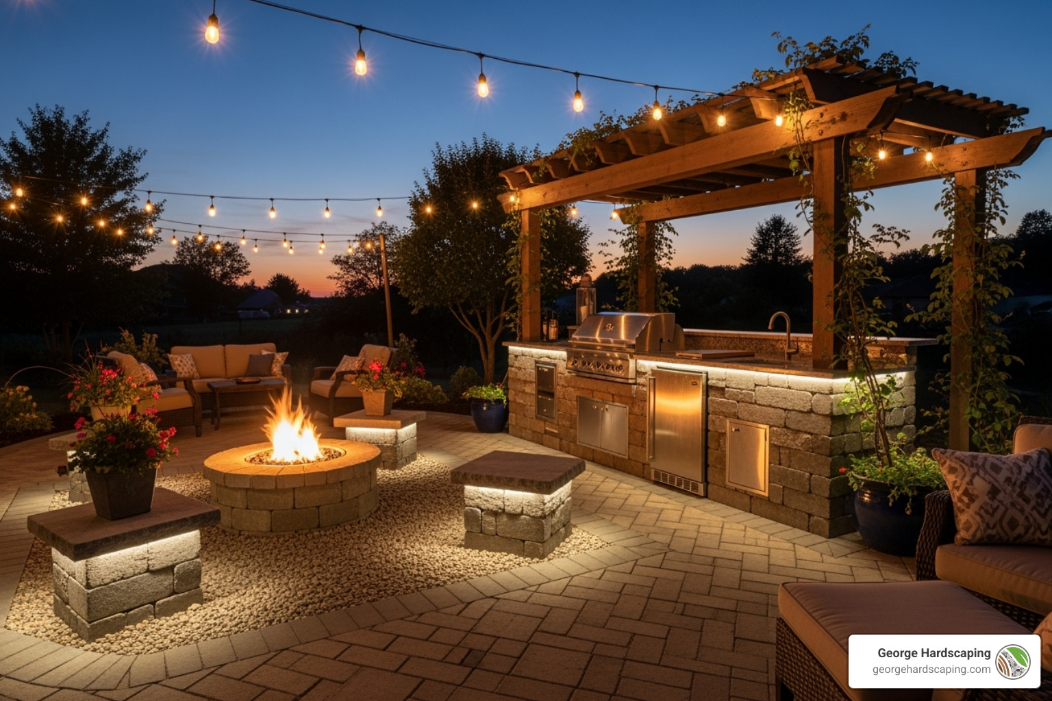 Custom patio at dusk with integrated lighting, a cozy fire pit, and an outdoor kitchen area designed by George Hardscaping - Custom Patios Design Custom patio at dusk with integrated lighting, a cozy fire pit, and an outdoor kitchen area designed by George Hardscaping - Custom Patios Design