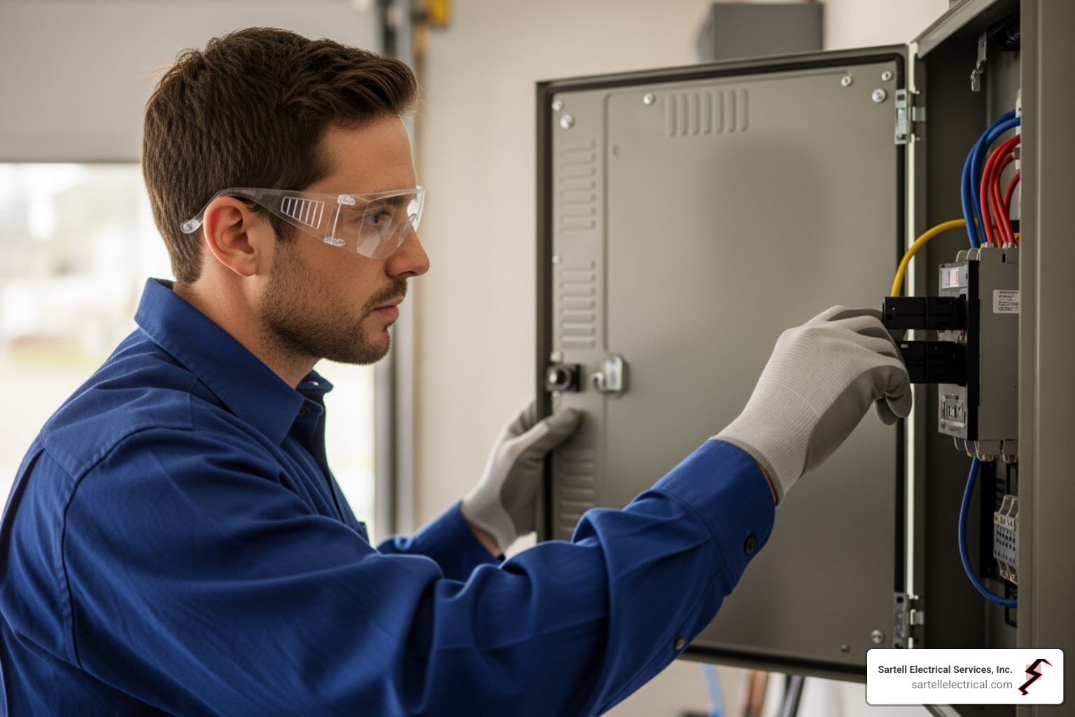 Professional electrician with proper safety gear inspecting a service panel - Residential electrical upgrades