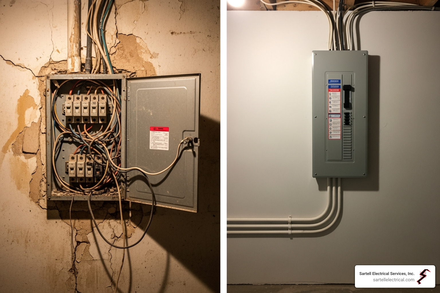 Old overloaded fuse box next to a modern circuit breaker panel - Residential electrical upgrades Old overloaded fuse box next to a modern circuit breaker panel - Residential electrical upgrades