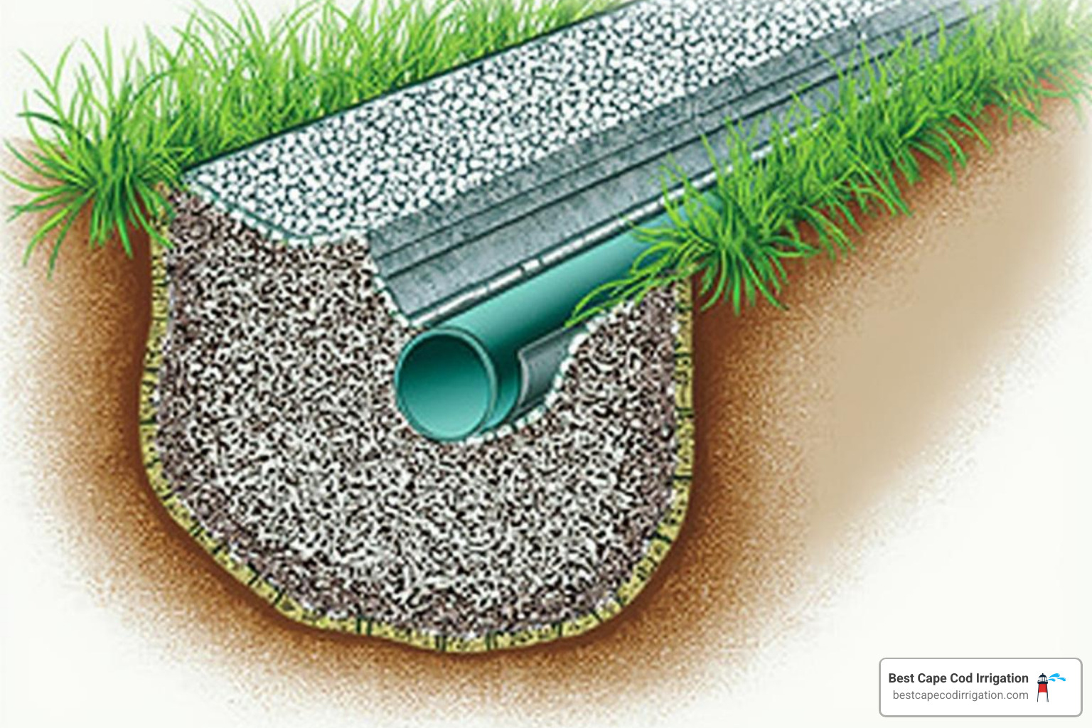 Image of a cross-section of a French drain installation showing the pipe, gravel, and fabric - yard drainage repair near me