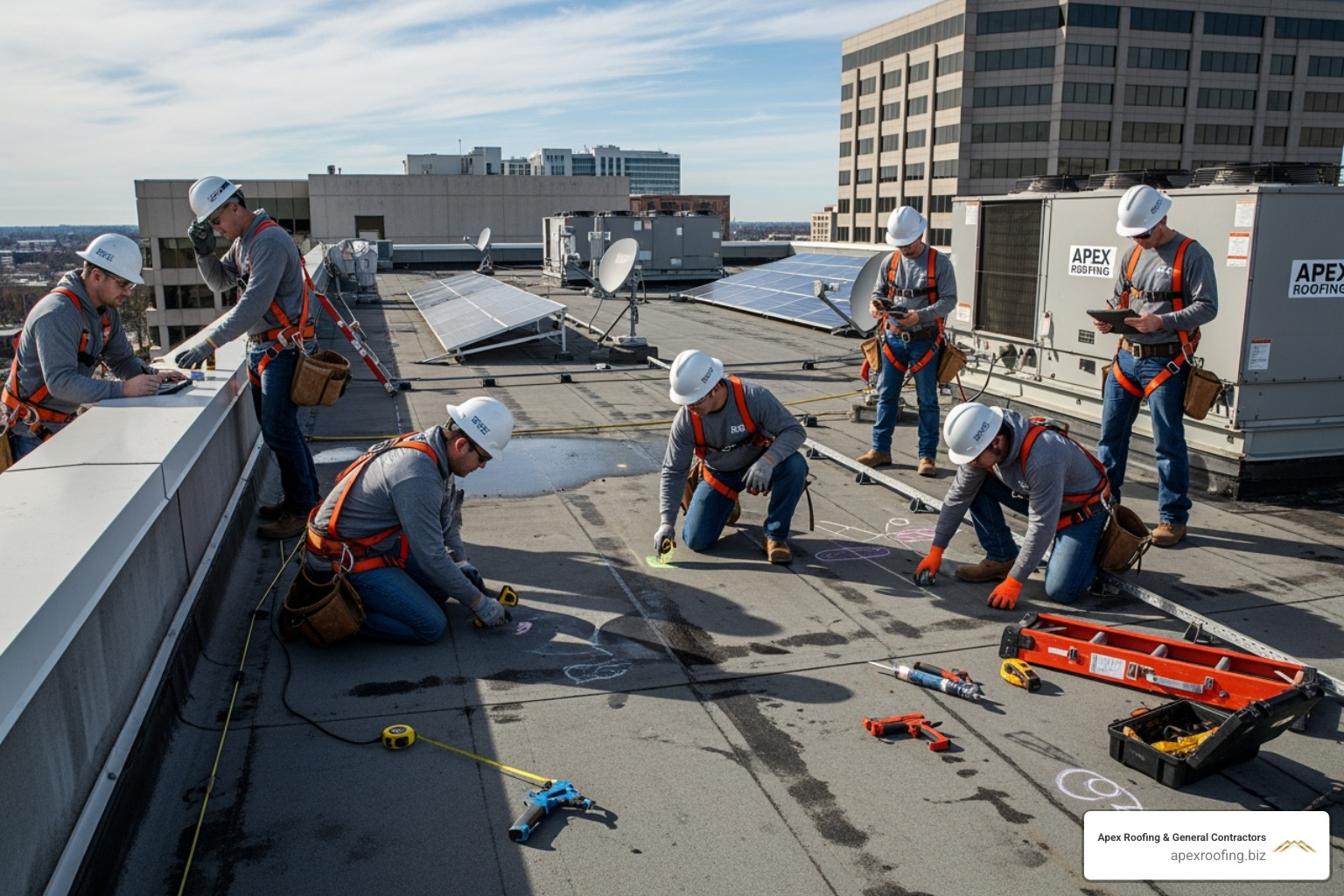 professional roofing crew conducting a detailed roof inspection on a large commercial facility - commercial roofing companies san antonio tx