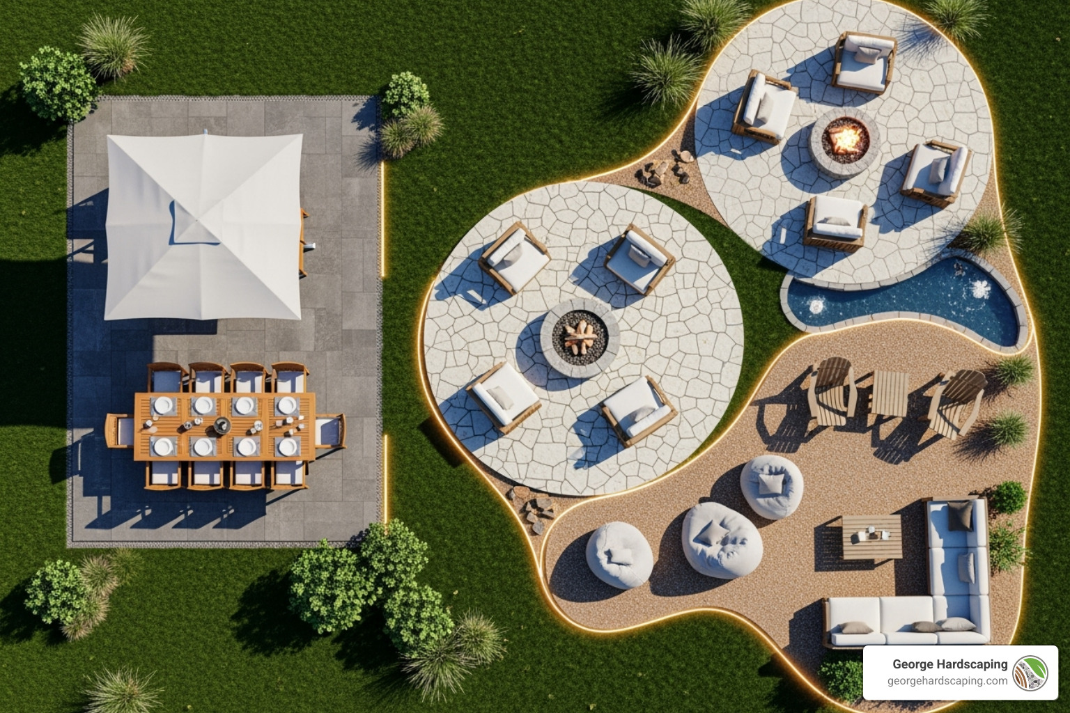 Diagram showing different patio shapes (square, circle, free-form) with common furniture layouts - Custom Patios Design Diagram showing different patio shapes (square, circle, free-form) with common furniture layouts - Custom Patios Design