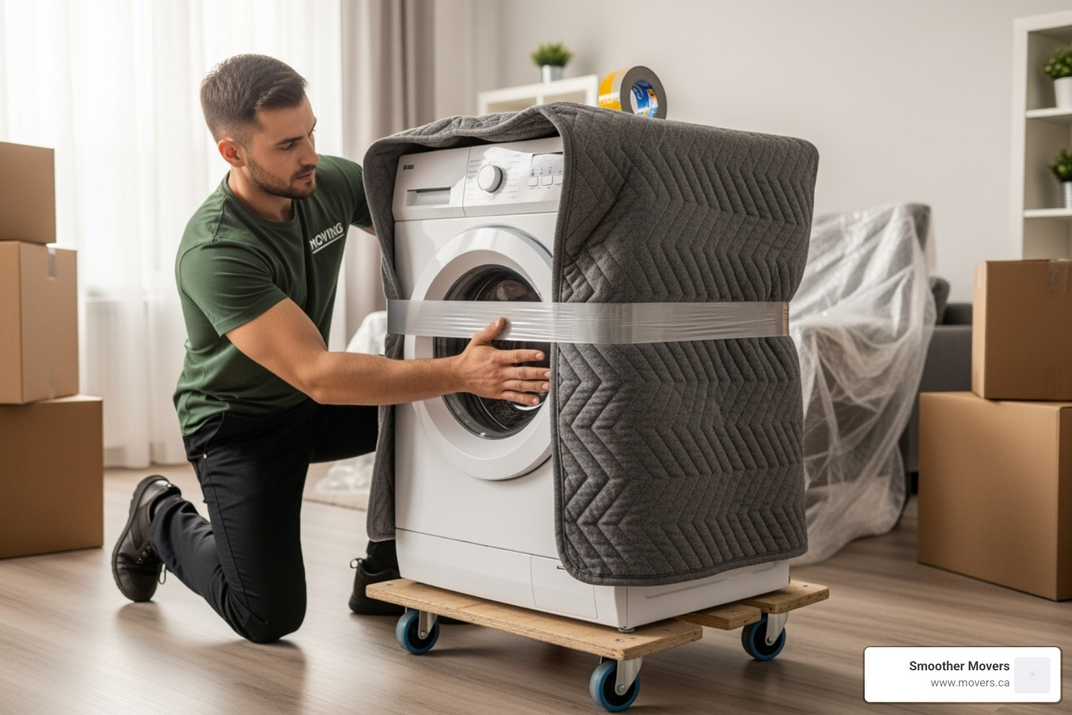 mover wrapping a washing machine in a padded blanket - appliance movers north vancouver mover wrapping a washing machine in a padded blanket - appliance movers north vancouver