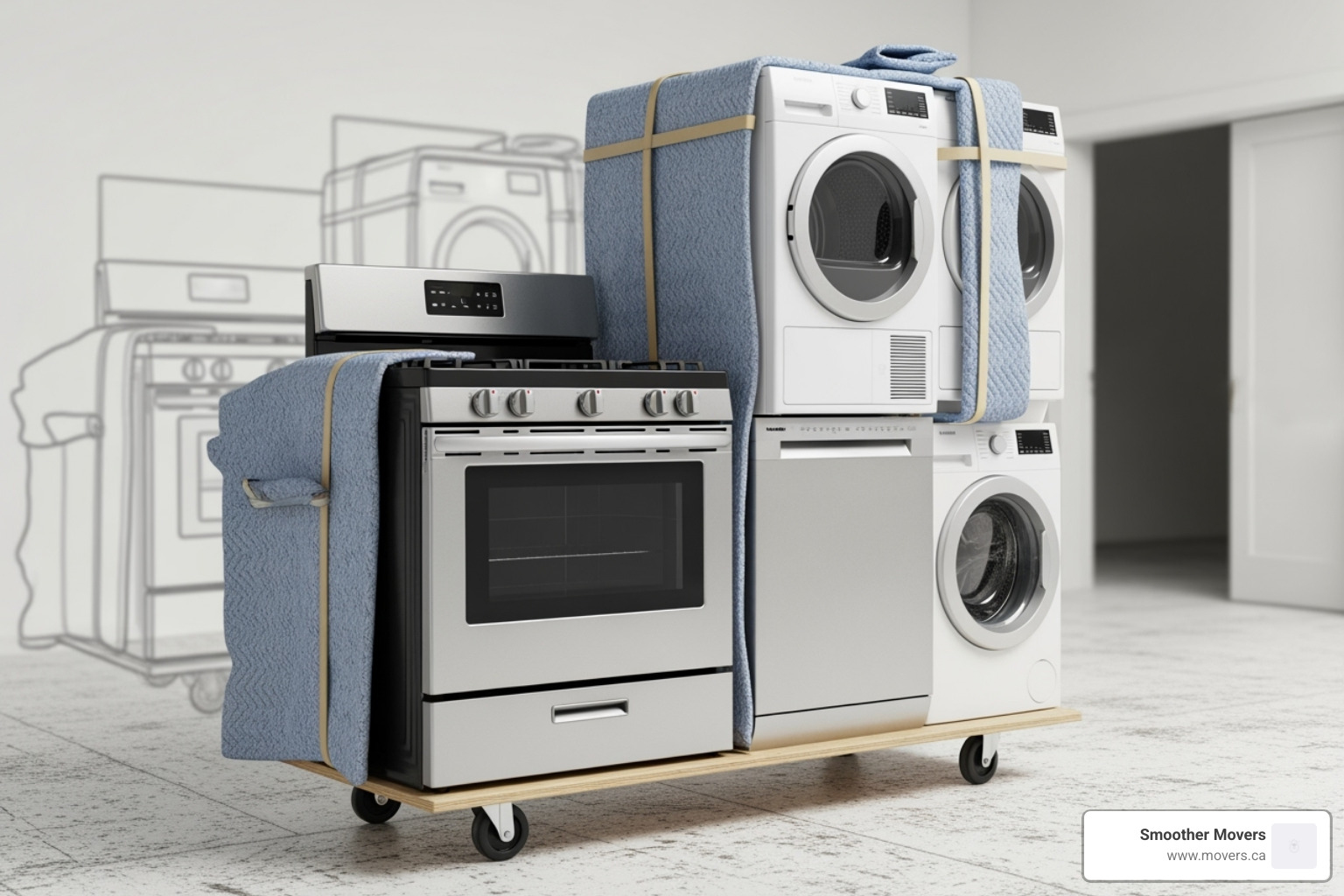 various large home appliances like a stove, washer, dryer, and dishwasher ready for moving - appliance movers north vancouver various large home appliances like a stove, washer, dryer, and dishwasher ready for moving - appliance movers north vancouver