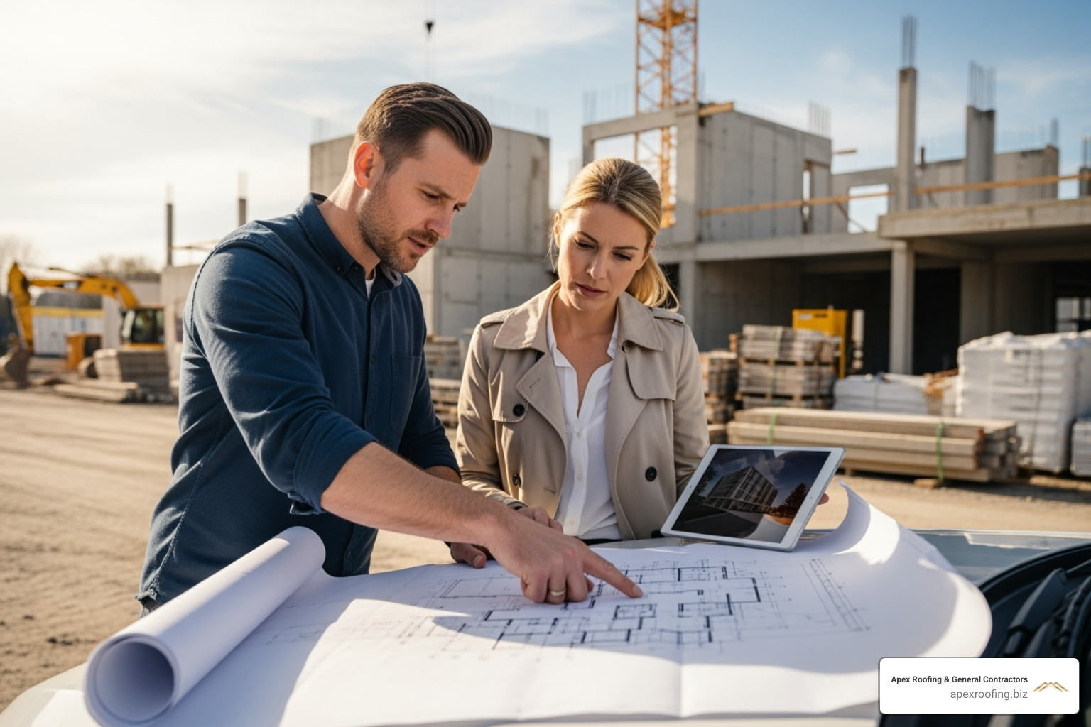 project manager discussing plans with a client on-site, pointing to a blueprint - commercial roofing companies san antonio tx