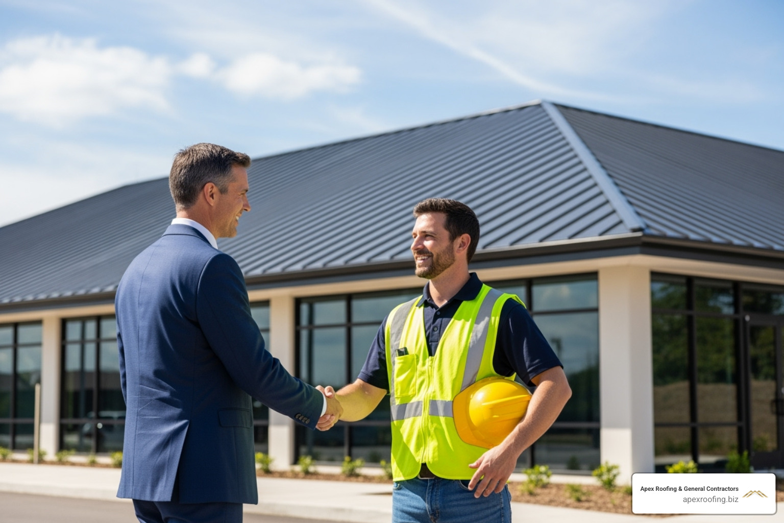 business owner shaking hands with a roofer in front of a completed project - commercial roofing companies san antonio tx