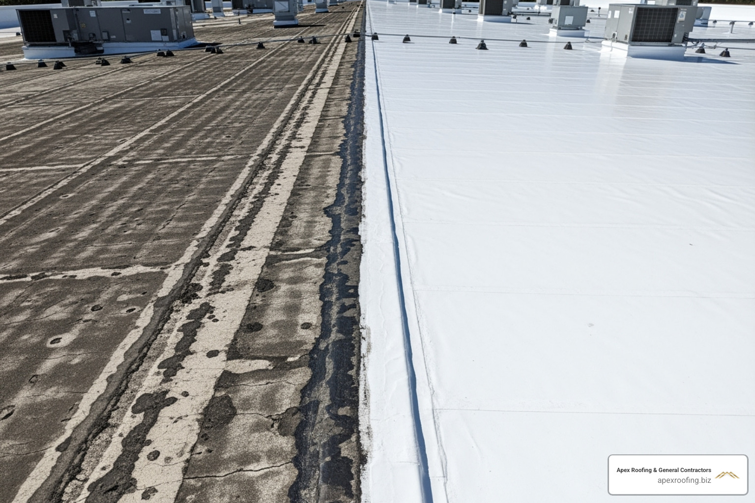 contrast between a sun-damaged commercial roof and a new, reflective cool roof - commercial roofing companies san antonio tx