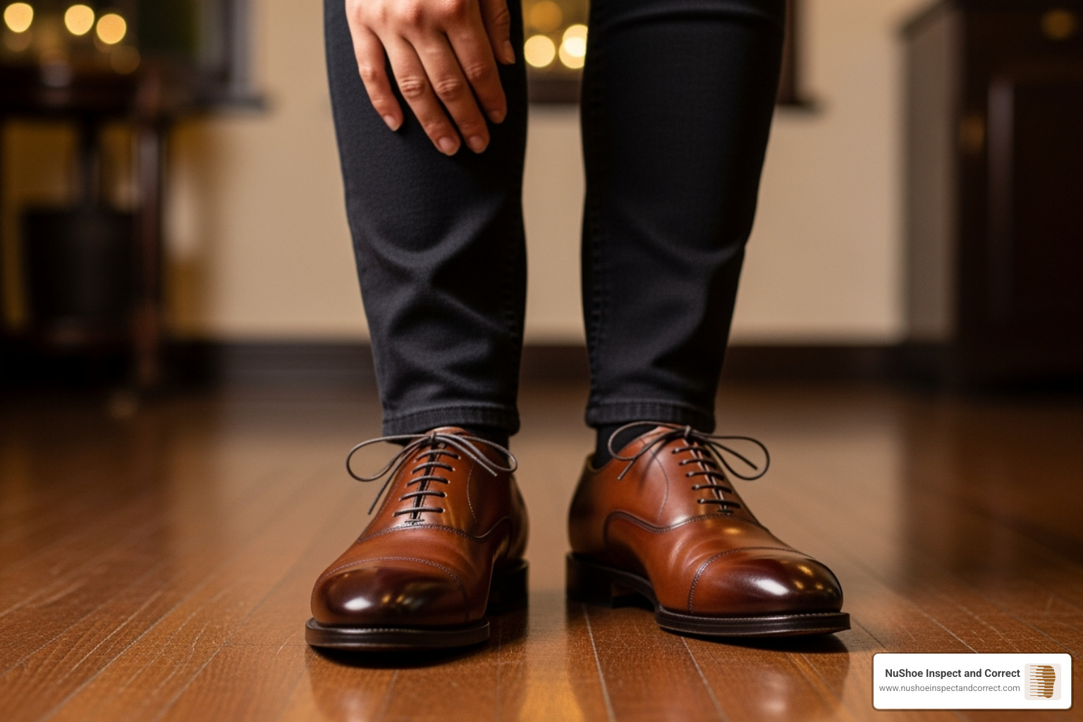 person proudly wearing a pair of beautifully refinished shoes - upper refinishing