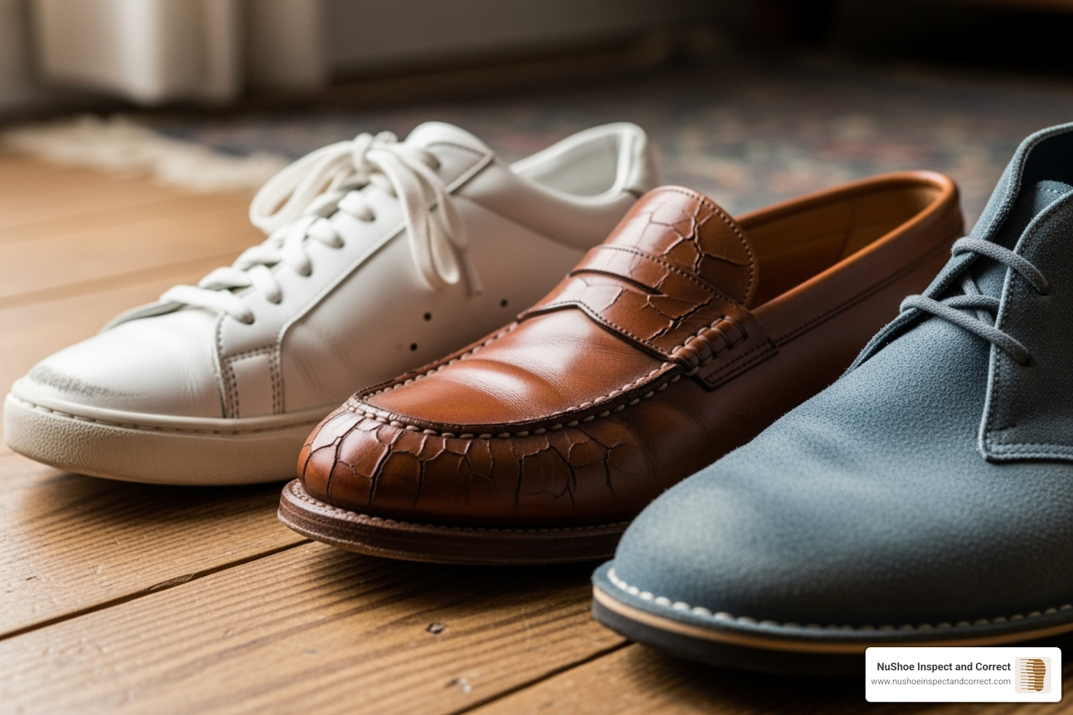 various shoe problems like a scuffed toe, a cracked leather side, and faded suede - upper refinishing
