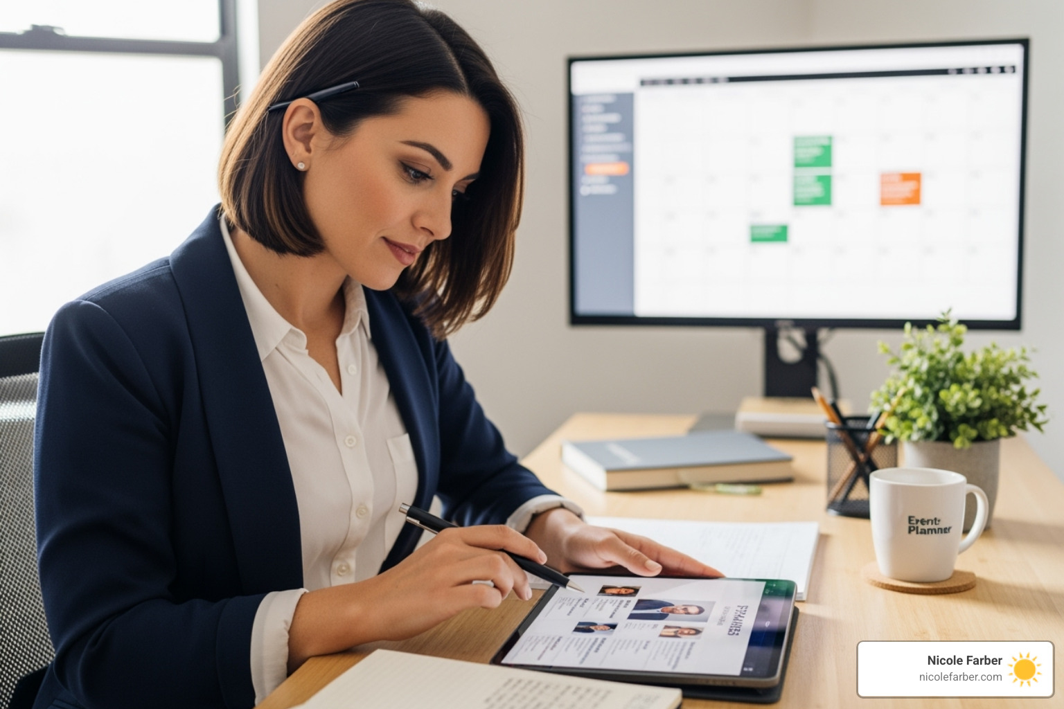 event planner reviewing speaker profiles on a tablet - female leadership speaker