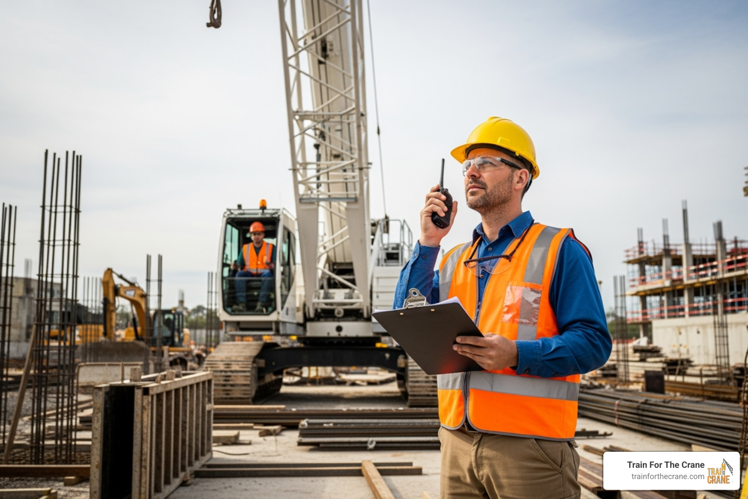 Lift Director with clipboard and radio, observing a crane operator in the cab - lift director jobs