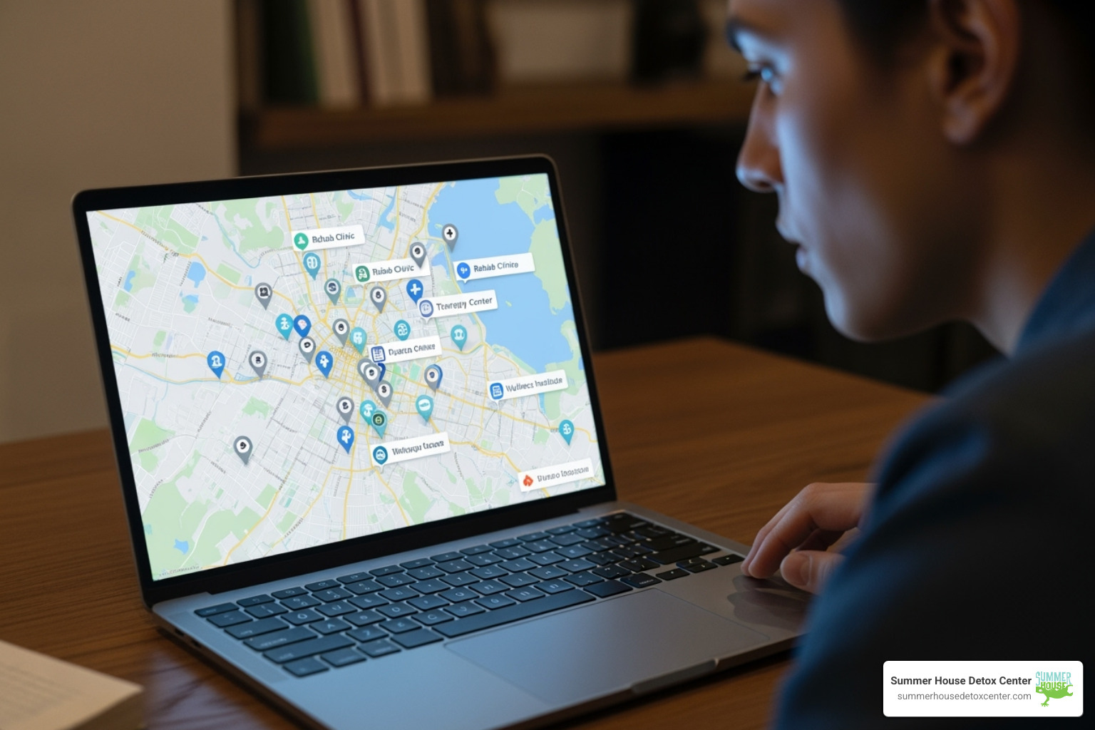 person on a laptop searching a map for local treatment centers - outpatient treatment near me