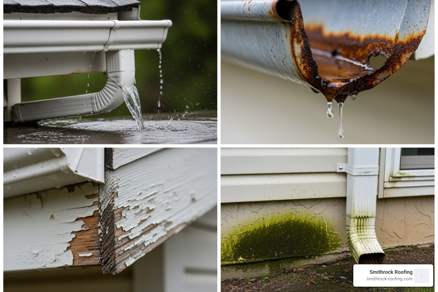 A collage of photos showing clear signs of gutter failure: a sagging gutter, a gutter with visible rust holes, peeling paint on a fascia board, and mildew on siding near the foundation - gutter installation services
