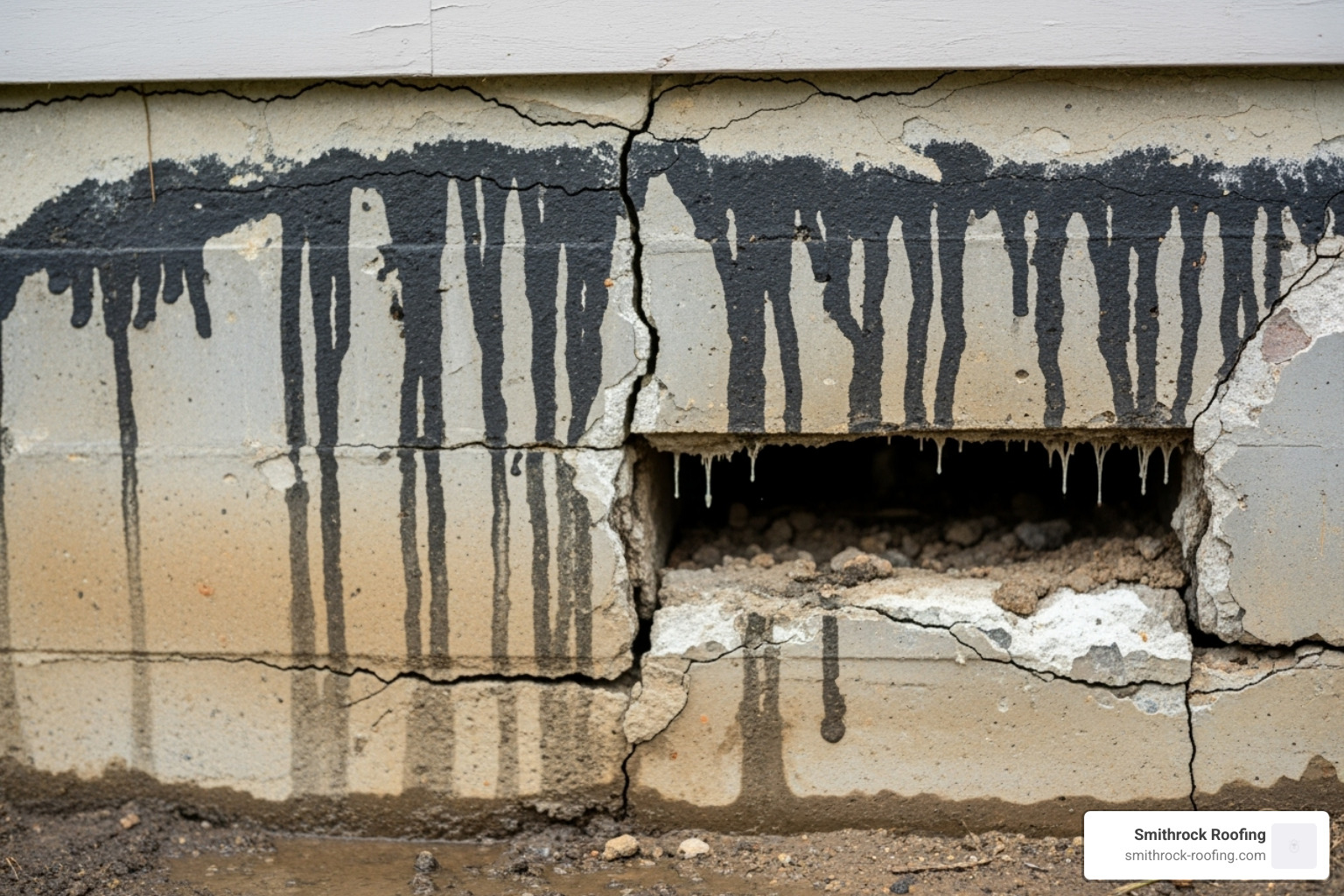 A home's cracked foundation with visible water stains leading up the wall - gutter installation services
