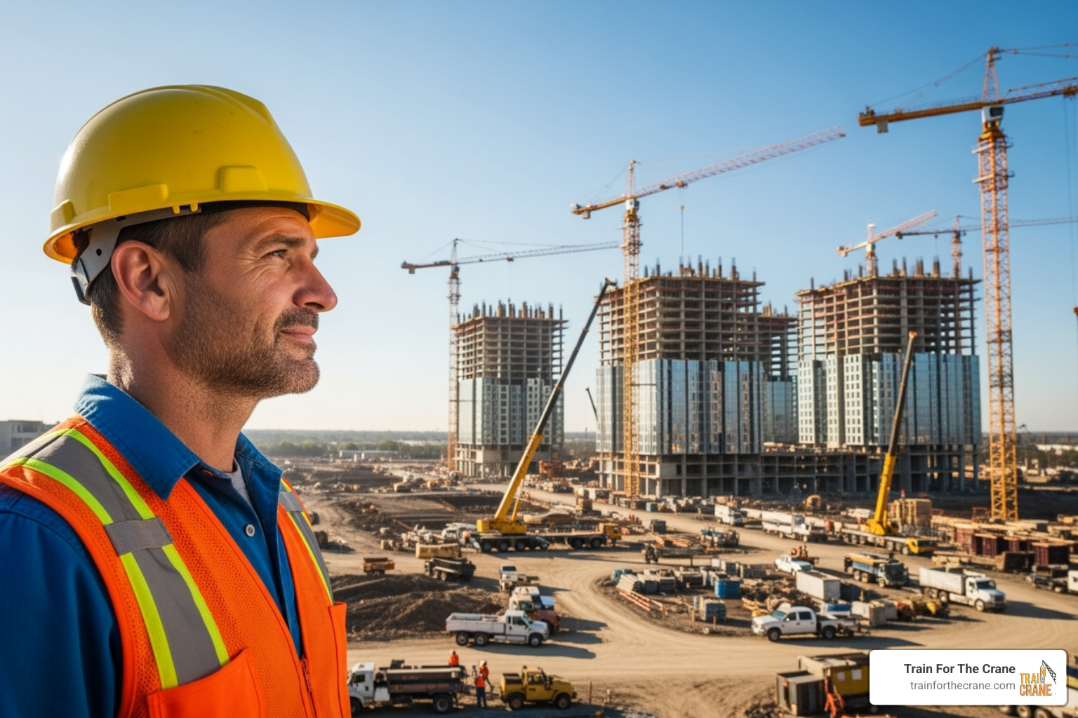 a confident crane operator looking over a successful project site - crane certification cost a confident crane operator looking over a successful project site - crane certification cost