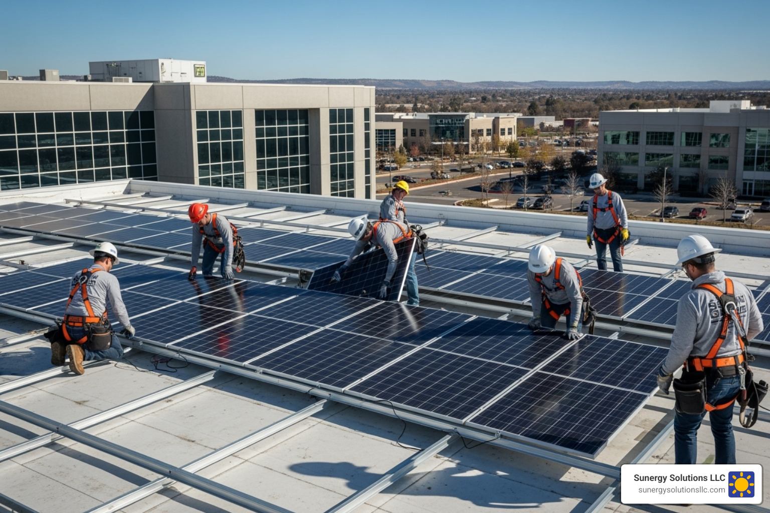 professional team installing solar panels on a large commercial rooftop in the US - commercial solar companies in massachusetts professional team installing solar panels on a large commercial rooftop in the US - commercial solar companies in massachusetts
