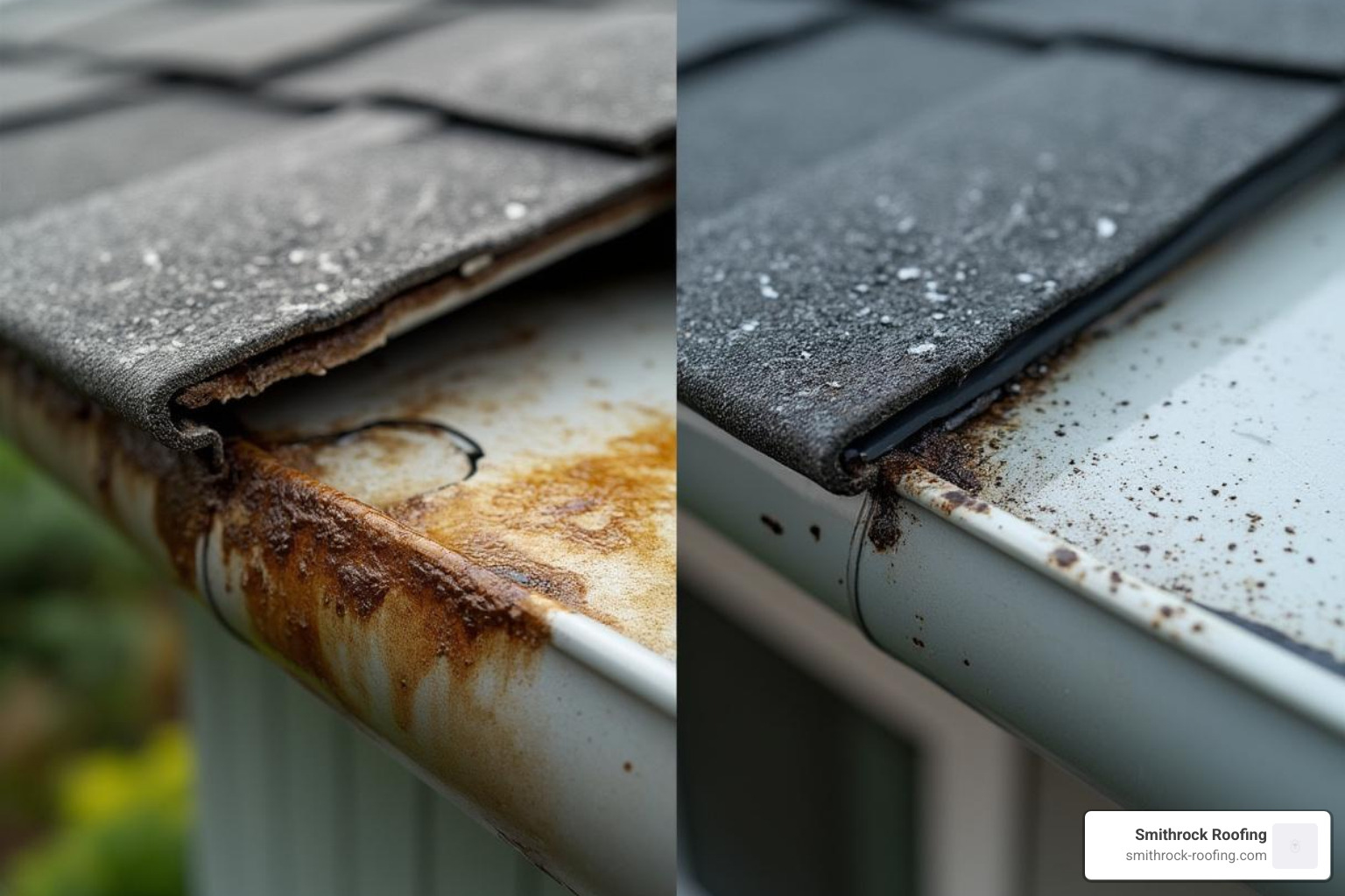 Side-by-side comparison of a leaky, stained sectional gutter seam versus a clean, continuous run of a seamless gutter - gutter installation services