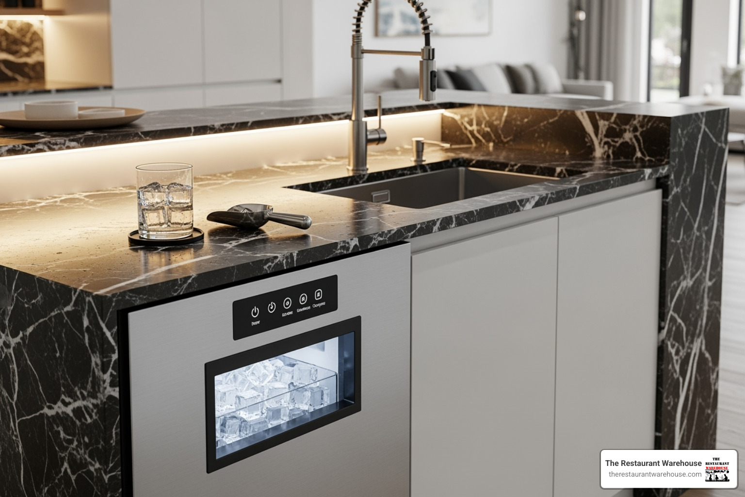 A sleek, stainless steel undercounter ice maker installed in a kitchen island. - ice maker that keeps ice frozen