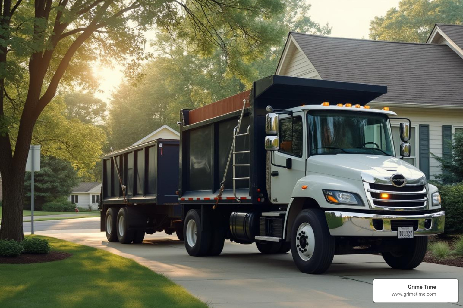 Grime Time dumpster being carefully delivered by a professional truck - Dumpster rental for roofing