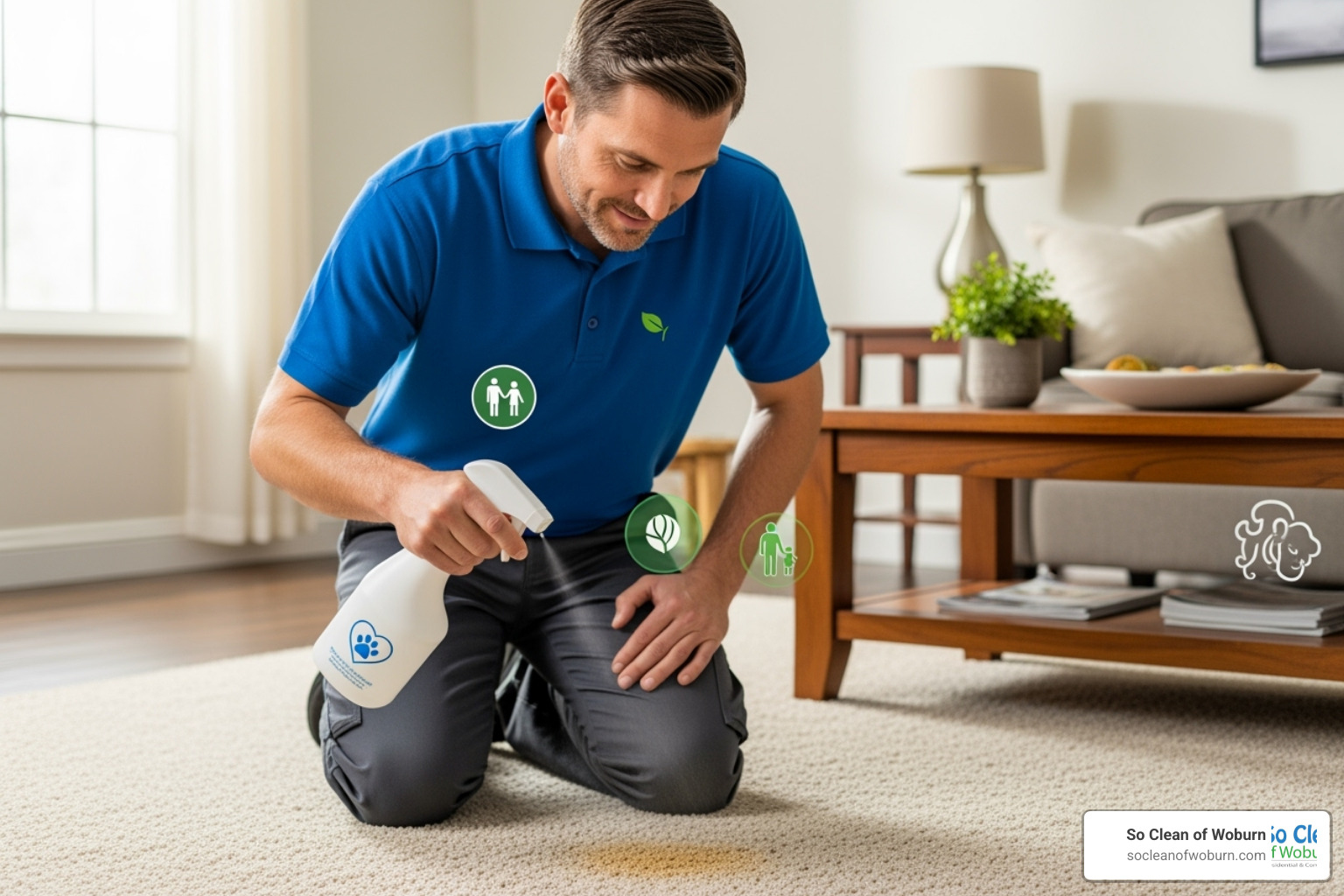 technician using non-toxic spray on carpet with icons showing it's pet-safe and kid-safe - healthy home carpet cleaning reviews