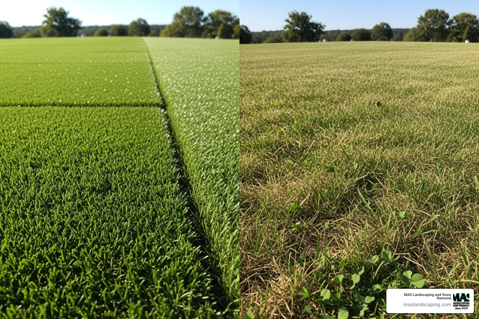 split-screen artificial vs natural lawn - fake grass for lawns pricing