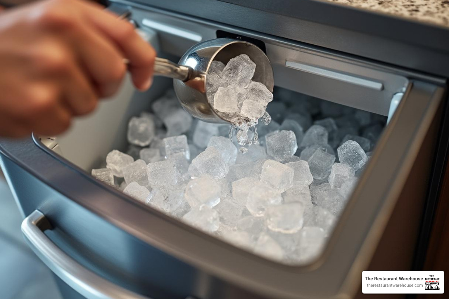 A person happily scooping perfectly solid, clear ice cubes from an undercounter ice maker into a glass. - ice maker that keeps ice frozen