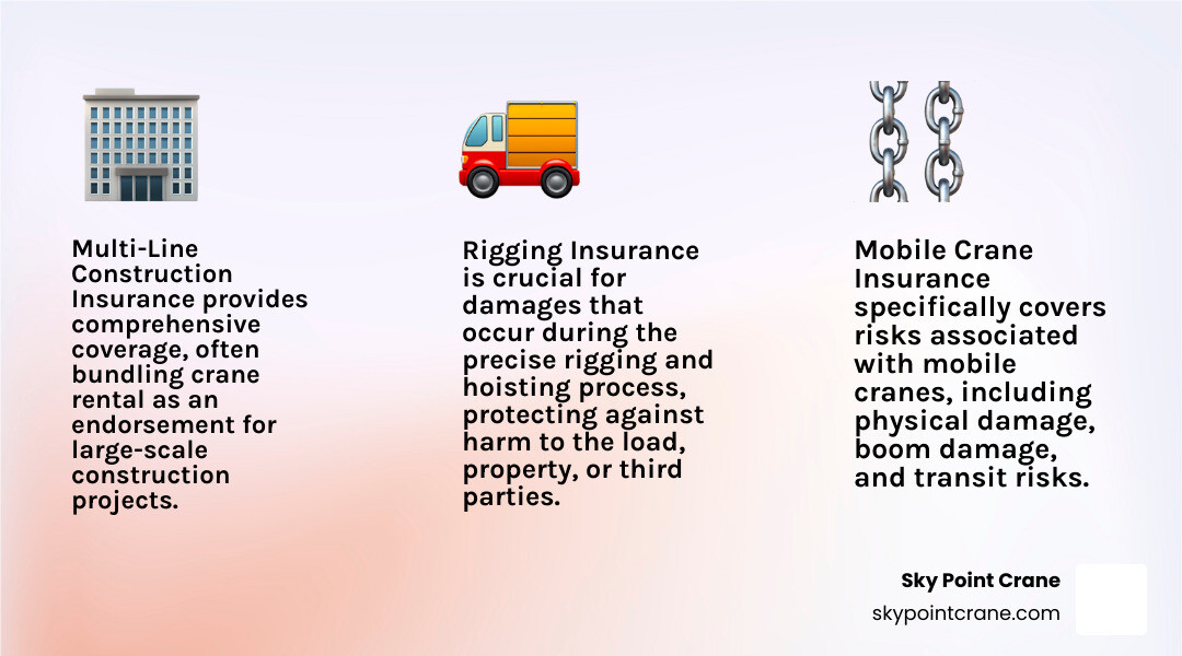 Diagram showing different types of crane insurance coverage - crane rental insurance infographic 3_facts_emoji_light-gradient