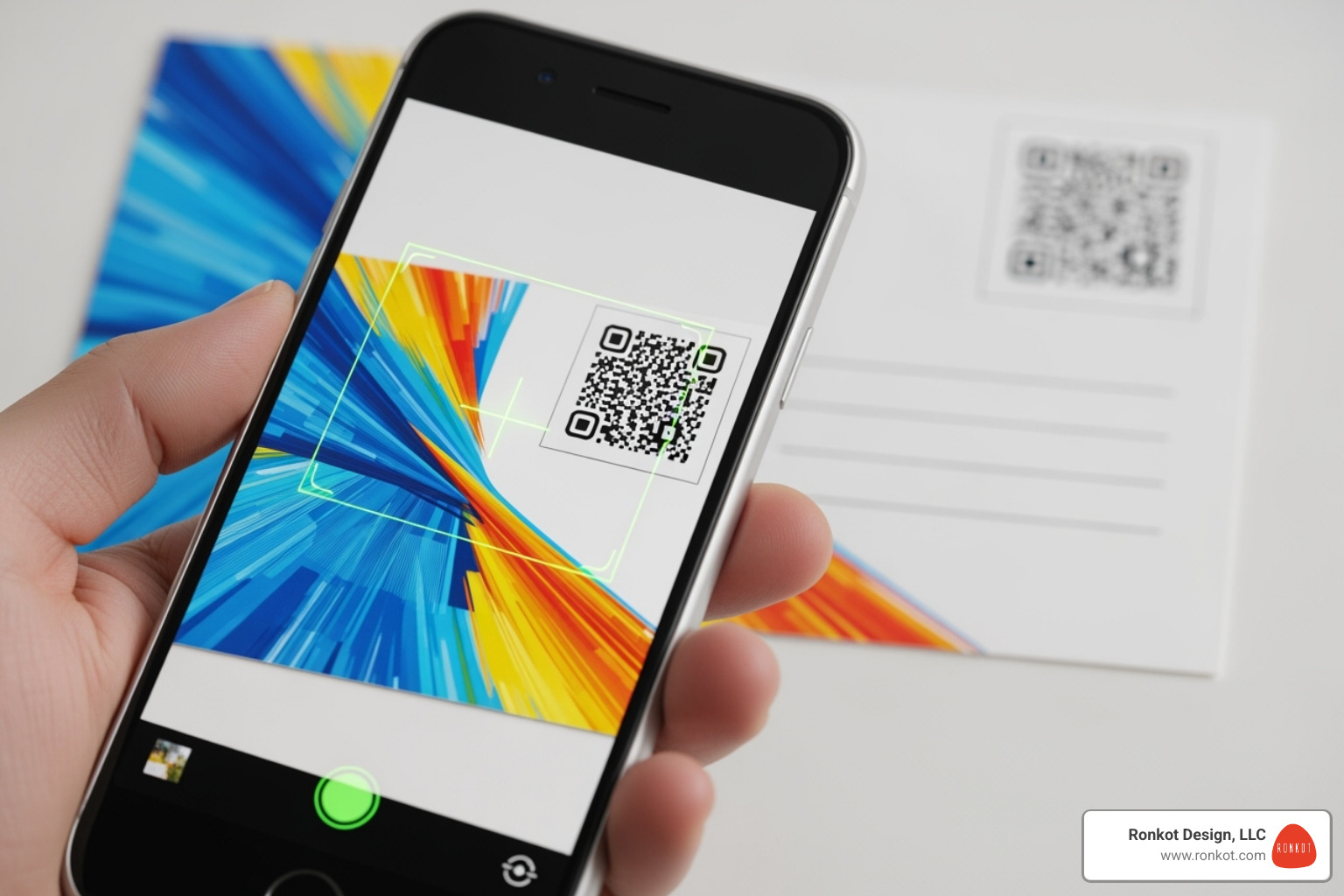 smartphone scanning a QR code on a direct mail postcard - Dallas direct mail printing smartphone scanning a QR code on a direct mail postcard - Dallas direct mail printing